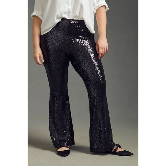 Anthropologie Joni Sequin Flare Pants Black Cocktail Party Sparkle US 4 NWT - Picture 10 of 11